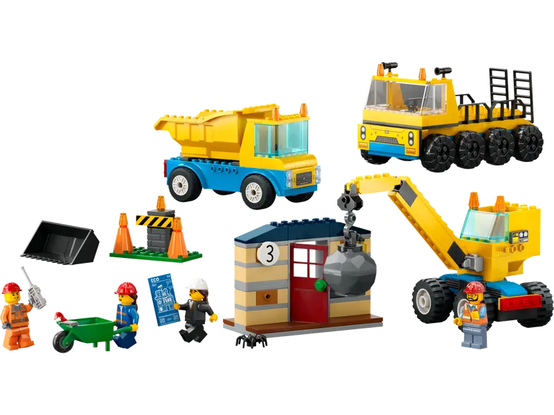 City Construction Trucks and Wrecking Ball Crane